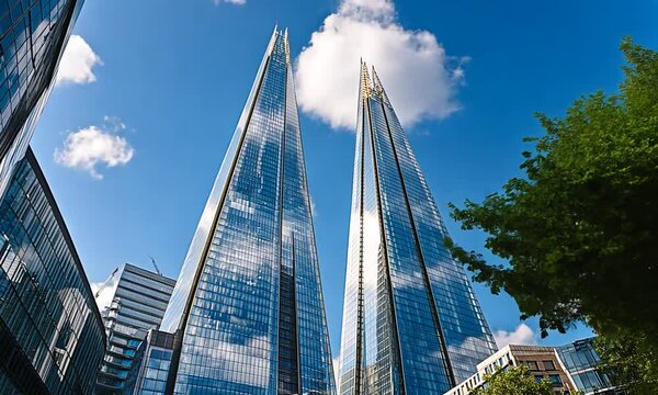 Twin skyscrapers reflecting clouds under a bright blue sky