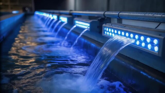A closeup image of UV dis lights glowing brightly as water flows past them emphasizing the key role of light in purifying the water.