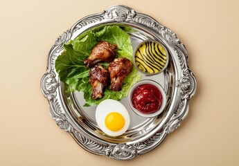 Passover Seder plate featuring symbolic items including a shank bone lettuce egg and condiments Perfect representation of the Jewish holiday Passover and its traditional symbolism.
