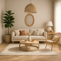 Modern Boho Living Room with Natural Light and Earthy Tones – 3D Render