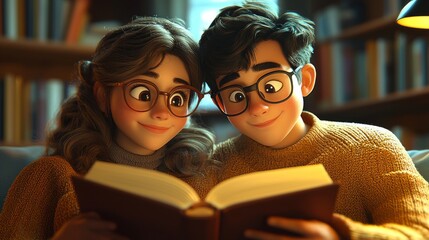 Two animated characters share a delightful reading experience, surrounded by a cozy ambiance, reflecting love, happiness, and the beauty of storytelling in an inviting space.