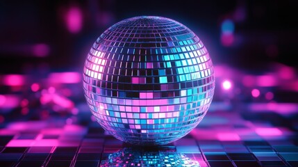 A close-up of a reflective disco sphere is lit under dazzling neon lights, infusing the scene with a captivating aura of celebration and dance culture.