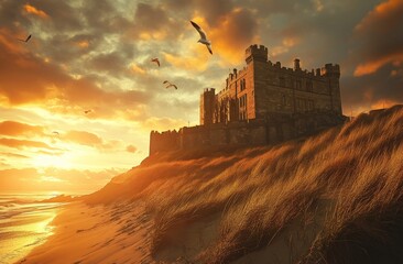 Obraz premium The sunset at Bamburgh castle in Northumberland, UK, is a beautiful landscape