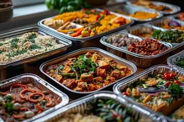 This appetizing image captures an assortment of traditional dishes presented in trays, showcasing vibrant colors and diverse flavors ideal for a feast or gathering.