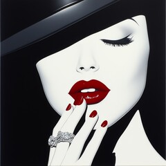 This striking artwork features a glamorous woman with bold red lips, wearing a stylish hat and adorned with an exquisite ring, capturing elegance and beauty in a modern design.