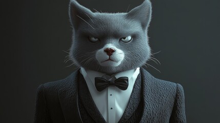 A sophisticated cat in a formal tuxedo and bowtie, exuding elegance and seriousness in a stylish portrait that balances whimsical charm with a touch of professionalism.