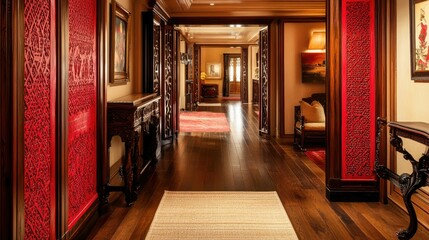 Elegant Red Accented Hallway Interior Design