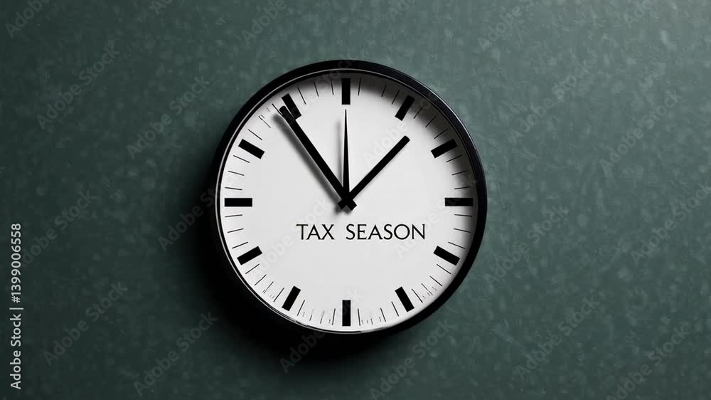 Poster Green wall displaying six analog clocks synchronized, depicting temporal pressure and mounting stress during tax season, signaling approaching financial deadline and imminent filing requirements