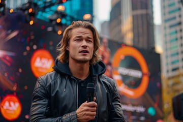 A dynamic speaker passionately engaging with the audience against an urban backdrop, symbolizing community discourse, excitement, and the importance of public expressions in modern life.