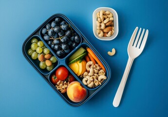 Top view of a colorful and balanced school lunch with fresh fruits vegetables sandwich and nuts in a blue lunch box.