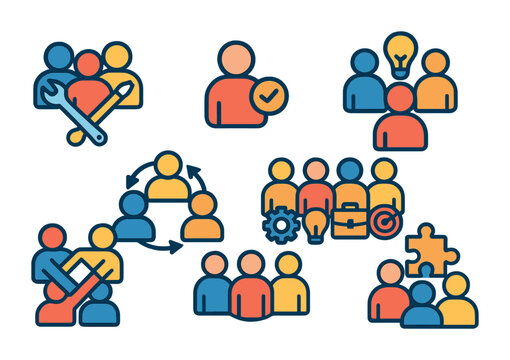 Isometric flat vector set of icons of cross-functional teams: mixed skills icon, role badge, shared knowledge, diverse roles, collaboration icon, multifunctional group, joint effort, expertise mix.