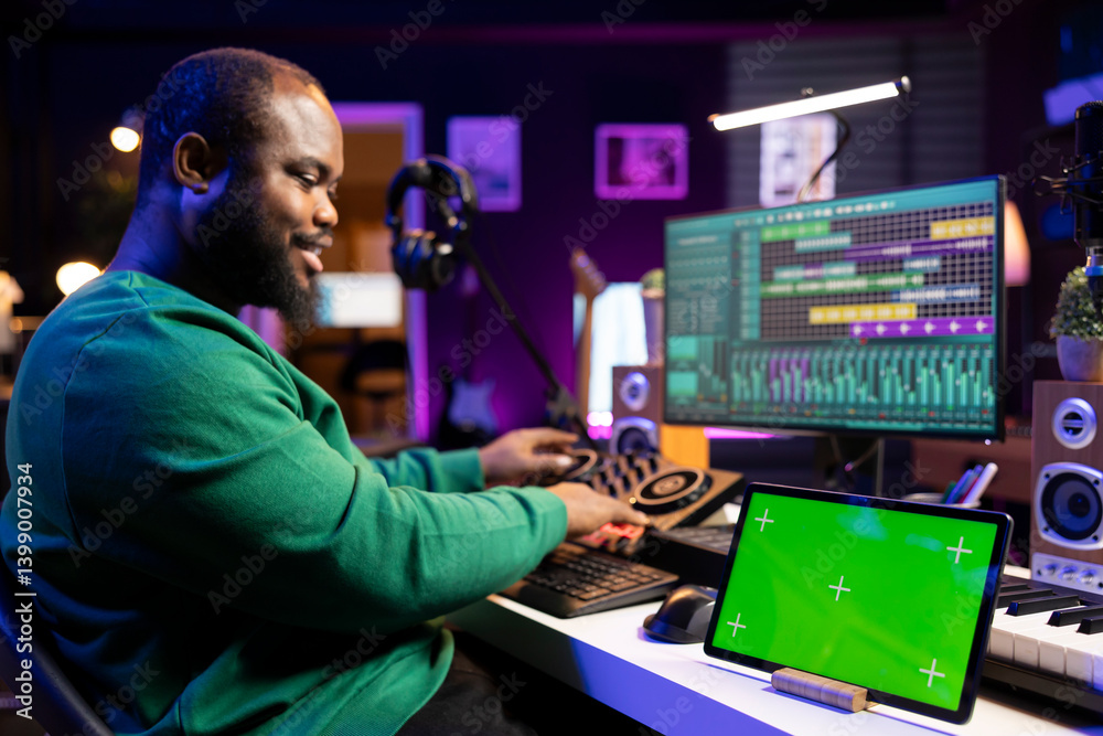 Poster skilled songwriter producing new music on audio software, having a greenscreen next to him. musician