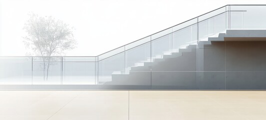 Modern Empty Balcony with Glass Railing and Metallic Supports on Transparent Background