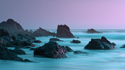 Ethereal shoreline at dawn, dark basalt rocks emerging from a mist-covered sea, teal and pale violet tones reflecting from early sky