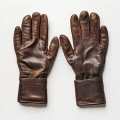 Pair of vintage-style brown leather gloves with a worn texture, lying flat on a white surface, evoke warmth and protection.