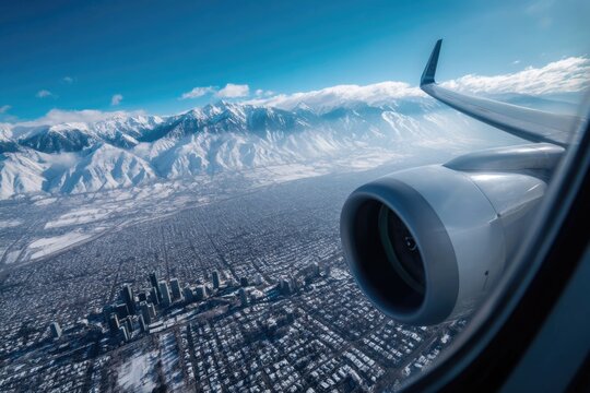 A plane glides low over snow-capped mountains, getting ready to land at the airport. The view from the window showcases the wing turbine alongside the stunning skyline.