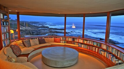 Fototapeta premium A luxurious coastal home interior with ocean view at twilight