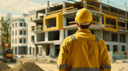 Construction worker observing building site with modern architecture, machinery