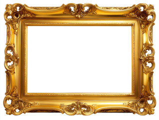 Opulent gold rococo picture frame with asymmetrical flourishes and C-scrolls on a white background