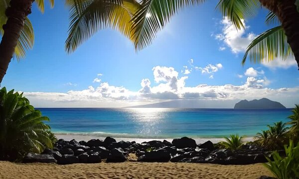 Serene tropical beach scene with palm trees and ocean view at sunset