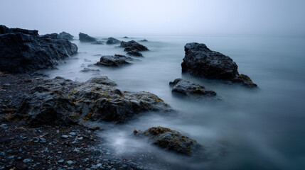 Obraz premium Ethereal shoreline at dawn, dark basalt rocks emerging from a mist-covered sea, teal and pale violet tones reflecting from early sky