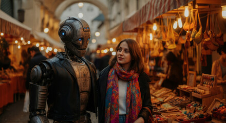 Fototapeta premium Female adult with robot in vibrant market scene under warm lighting at night