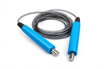 Jump rope with blue handles and steel cable for fitness training and exercise routines