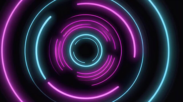 Colorful neon abstract background with circular light patterns in blue and pink.