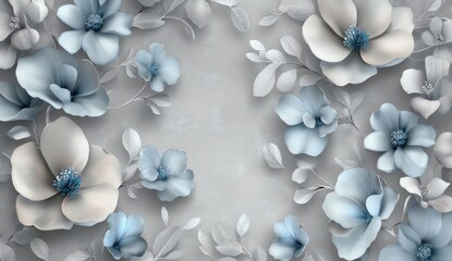 Delicate floral wallpaper design with light blue and beige blossoms.  Soft, 3D-like flowers and leaves in a muted color palette against a light gray background.  A  peaceful and elegant aesthetic