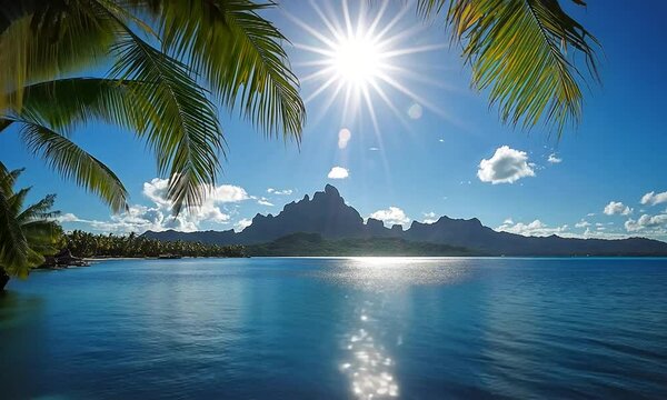 Serene Tropical Landscape with Sunlight Over Ocean and Mountains
