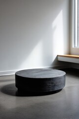 A round, dark coffee table positioned in front of a bright white wall, highlighted for emphasis.