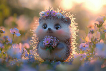 Adorable hedgehog wearing a flower crown, holding a bouquet in a field of blossoms.