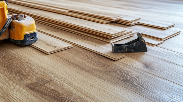 A construction site carpenter installing wooden flooring in a new home. Featuring skill and craftsmanship