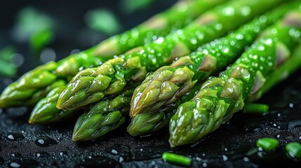 Close-up of fresh, vibrant green asparagus spears glistening with oil, resting on a dark surface with chopped chives.