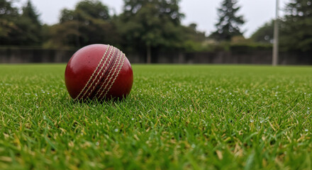 Cricket ball resting on green grass field under cloudy sky  