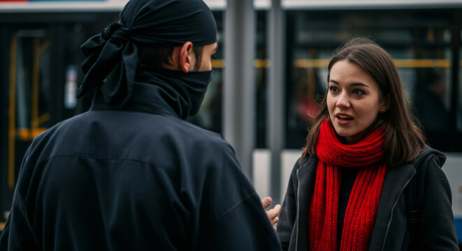 Young caucasian female in red scarf engages in outdoor conversation with masked male - Powered by Adobe