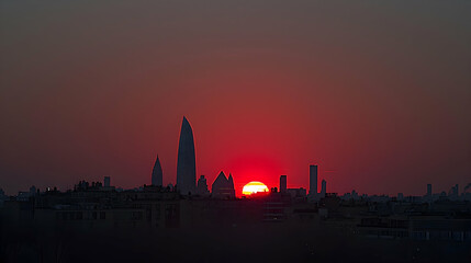City skyline sunset silhouette, buildings, red sky, urban landscape, travel photography
