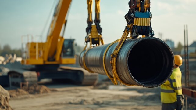 A construction site crane operator controlling a crane to lift large pipes. Featuring expertise and focus
