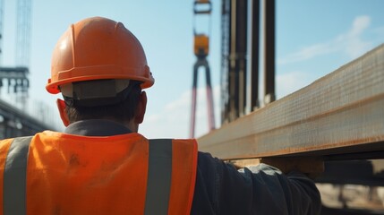 A construction site crane operator guiding a load of steel beams into position. Featuring coordination and precision