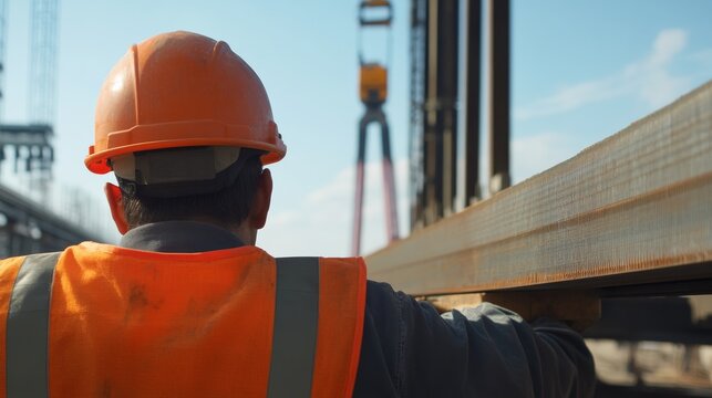 A construction site crane operator guiding a load of steel beams into position. Featuring coordination and precision