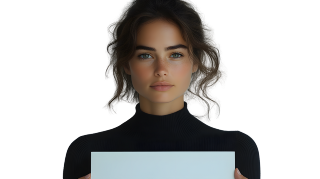 A person holding a blank sign dressed in a black turtleneck with soft lighting highlighting t