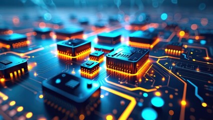 Obraz premium Abstract Tech Background Featuring Glowing Circuitry Patterns And Electronic Components, Illustrating Data Transmission And AI Technology Concepts For Modern Innovations Connectivity.