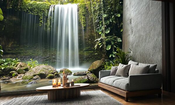 Serene indoor living space with waterfall mural and cozy decor