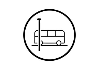 Bus Stop Icon: Minimalist depiction of a bus stop featuring a stylized bus silhouette and a pole in a circular frame, representing public transportation and accessibility.