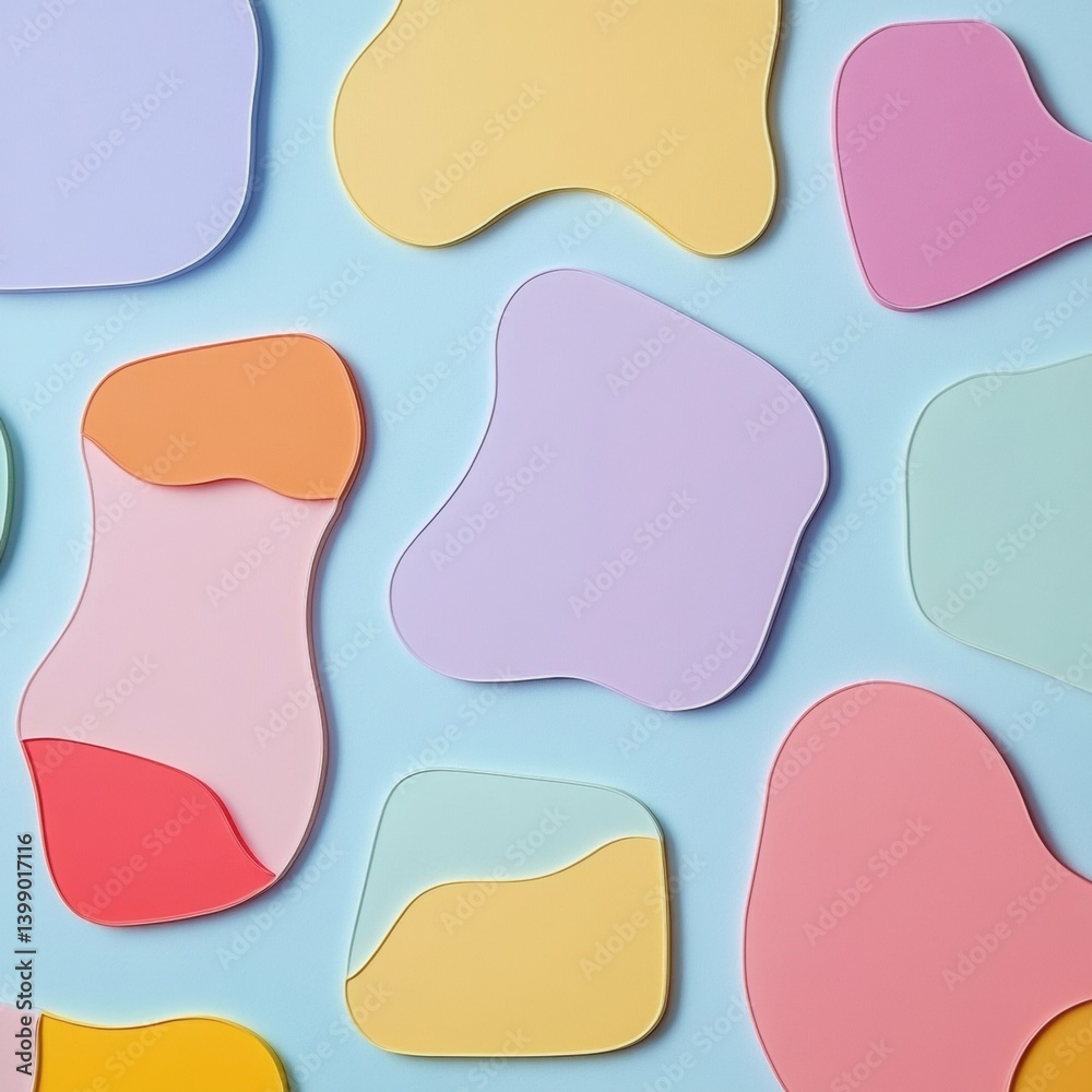 Aufkleber Colorful minimalist label stickers arranged on a light blue background with empty spaces for customizable text
