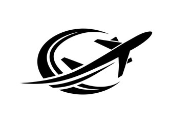 Soaring Flight Symbol: A sleek silhouette of an airplane soars through a dynamic swirl, evoking the essence of travel and aviation. This symbolic image represents flight, journey and aspiration