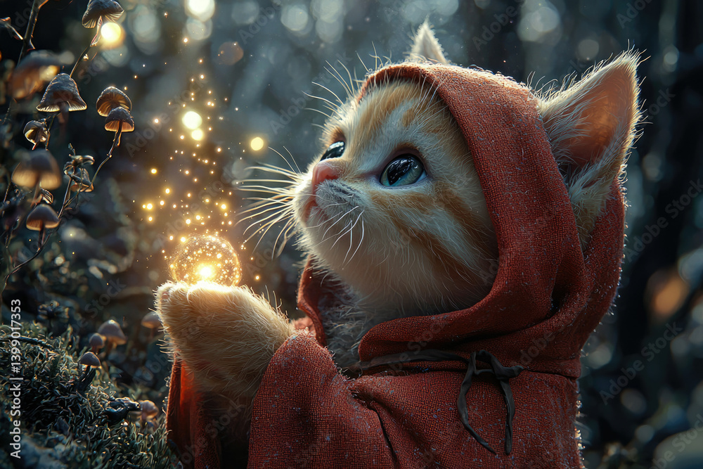 Poster a cute kitten in a red hooded cloak holds a glowing orb, surrounded by magical sparks and mushrooms 