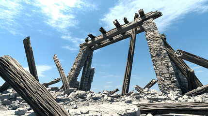Digital Illustration Of Crumbling Ruins Against A Blue Sky