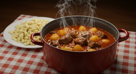 Fototapeta premium Hearty beef stew with tender potatoes and noodles, a comforting meal steaming