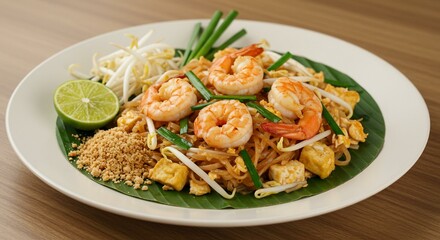 Delicious Pad Thai dish served with shrimp, tofu, sprouts, and lime wedge.